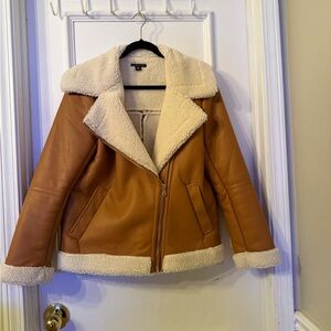 Saks Fifth Avenue brown faux leather Sherpa lined j aviator jacket NWOT
